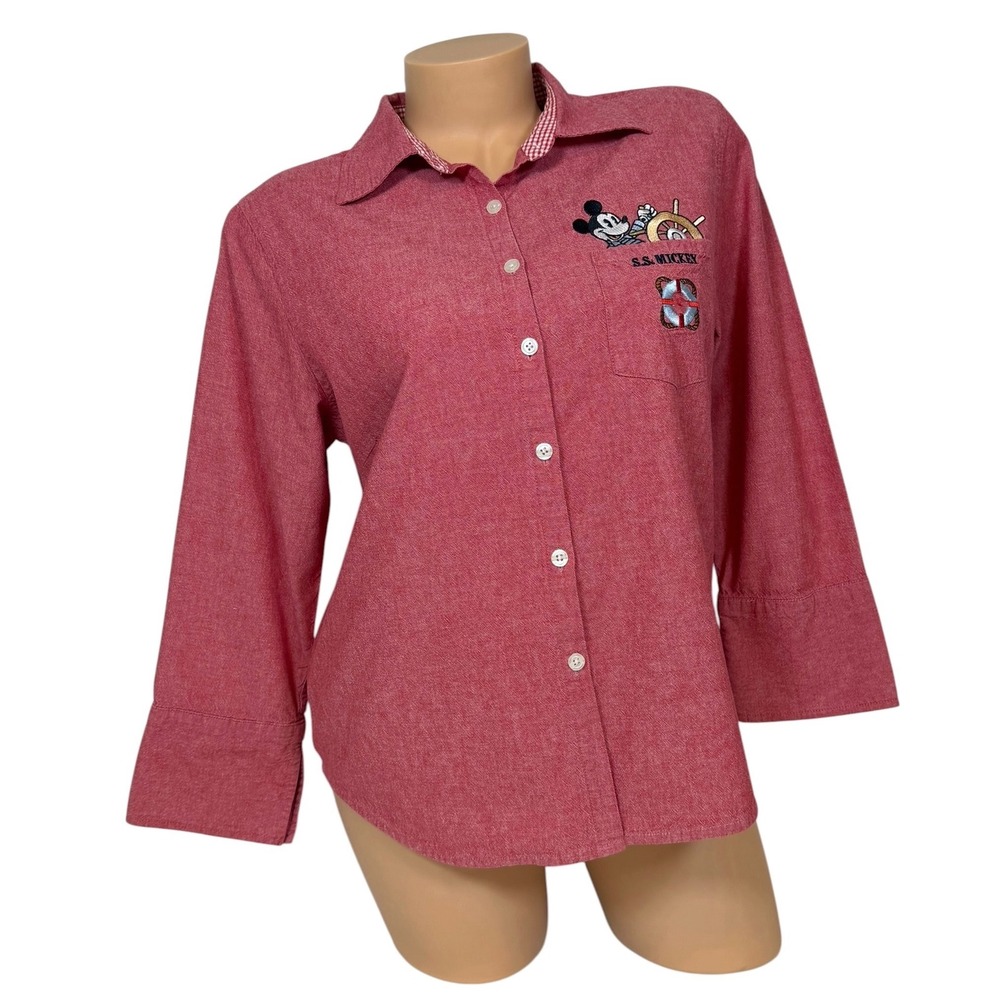 Disney SS Mickey Mouse Red Embroidered Button Down Shirt 3/4 Sleeve L Women's